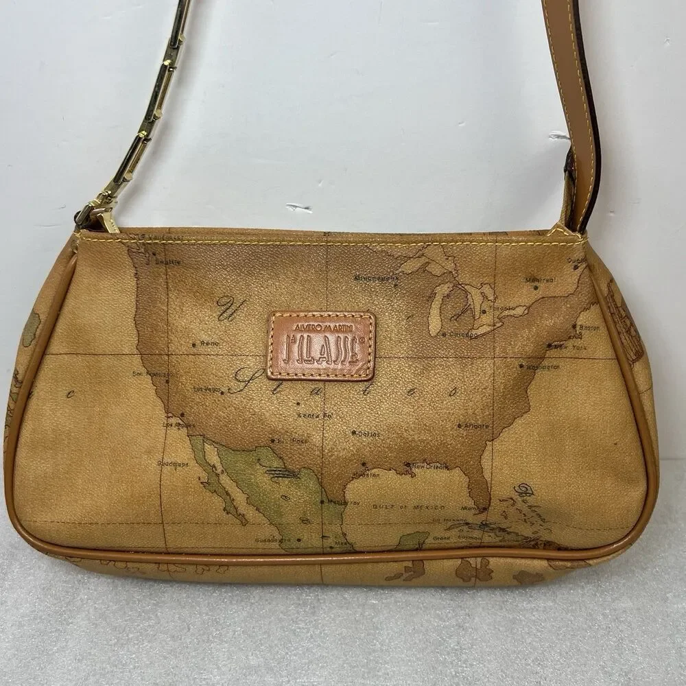 Alviero Martini 1A Classe Geo Map Print Coated Canvas Shoulder Bag Vtg Y2K - Picture 4 of 16